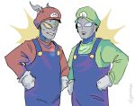  2boys alien blue_eyes blue_overalls cosplay frown ginka green_headwear green_shirt hatanaka_tasuku luigi luigi_(cosplay) male_focus mario mario_(cosplay) mario_(series) miyano_mamoru multiple_boys overalls parted_lips red_headwear red_shirt shirt smile the_super_mario_bros._movie tokusatsu twitter_username ultra_series ultraman_z ultraman_z_(series) ultraman_zero voice_actor_connection 