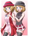  2girls :d bangs blue_eyes blue_ribbon brown_hair closed_mouth commentary_request earrings eyelashes grey_headwear hand_up hands_on_another&#039;s_shoulders hat highres jewelry multiple_girls neck_ribbon open_mouth pokemon pokemon_(anime) pokemon_journeys pokemon_xy_(anime) ribbon serena_(pokemon) short_hair skirt sleeveless smile sweater_vest thighhighs zeki231 