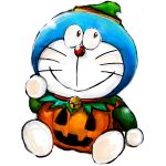  1:1 2017 anthro bell blue_body blue_fur clothing collar costume domestic_cat doraemon doraemon_(character) felid feline felis food fruit fur machine male mammal mouth_closed mt_tg plant pumpkin pumpkin_costume red_collar red_nose robot shaded simple_background sitting smile solo whiskers white_background white_body white_fur 