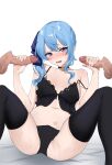  1girl absurdres bare_shoulders black_bra black_panties black_underwear blue_bow blue_eyes blue_hair blush bow bow_panties bra choker collarbone cum cum_on_body disembodied_limb disembodied_penis double_handjob feint721 hair_bow handjob hands_up highres hololive hoshimachi_suisei lace-trimmed_bra lace_trim lingerie looking_at_viewer m_legs multiple_boys multiple_penises navel open_mouth panties penis side_ponytail sitting solo_focus star_(symbol) star_choker star_in_eye strap_slip sweat symbol_in_eye thighhighs thighs underwear virtual_youtuber 