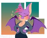  absurd_res anthro bat_wings big_breasts bottomwear breasts cheek chiropteran clothed clothing ears_up female green_eyes hair hand_on_belt hi_res makeup mammal med121 membrane_(anatomy) membranous_wings mitsi_(vkontakte) one_eye_closed purple_body red_hair shorts shy simple_background solo solo_focus sparkles sticker tan_body vkontakte wings wink 