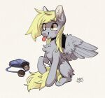  ashtodusk bag blonde_hair chest_tuft derp_eyes derpy_hooves_(mlp) digital_media_(artwork) equid equine eyebrows feathered_wings feathers female feral food friendship_is_magic fur grey_body grey_feathers grey_fur hair hasbro hi_res inner_ear_fluff mammal muffin my_little_pony pegasus signature smile solo spread_wings tongue tongue_out tuft wings yellow_eyes yellow_tail 