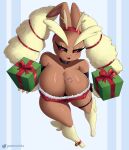  2022 absurd_res anthro armwear big_breasts breasts candy candy_cane choker clothing dessert digital_media_(artwork) eyelashes fake_antlers female fingers food gammainks generation_4_pokemon gift hi_res huge_breasts jewelry long_ears looking_at_viewer lopunny necklace nintendo open_mouth pokemon pokemon_(species) solo video_games 