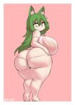  animal_humanoid big_breasts big_butt borvar breasts butt cat_humanoid clothing felid felid_humanoid feline feline_humanoid female green_eyes green_hair hair hand_on_butt hi_res humanoid long_hair looking_back mammal mammal_humanoid mouth_closed panties shirt simple_background smile solo standing thick_thighs topwear underwear wet wet_clothing wet_topwear wide_hips 