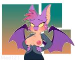  absurd_res anthro bat_wings big_breasts bottomwear breasts cheek chiropteran clothed clothing confusion ears_up female green_eyes hair hand_on_belt hi_res makeup mammal med121 membrane_(anatomy) membranous_wings mitsi_(vkontakte) nipples one_eye_closed open_clothing purple_body red_hair shorts shy solo solo_focus sticker tan_body vkontakte wings wink 