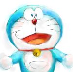  2017 anthro bell blue_body blue_fur collar domestic_cat doraemon doraemon_(character) felid feline felis front_view fur looking_at_viewer machine male mammal mt_tg open_mouth pouch_(anatomy) red_collar red_nose robot shaded simple_background solo standing tongue whiskers white_background white_body white_fur 