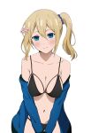  1girl absurdres bangs bikini black_bikini blonde_hair blue_eyes blue_hoodie blue_scrunchie blush breasts cleavage collarbone coro_fae flower hair_between_eyes hair_flower hair_ornament hair_scrunchie hayasaka_ai highres hood hoodie kaguya-sama_wa_kokurasetai_~tensai-tachi_no_renai_zunousen~ looking_at_viewer medium_breasts medium_hair navel off_shoulder scrunchie side_ponytail sidelocks simple_background smile solo stomach swimsuit v_arms white_background 