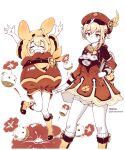  2girls absurdres alternate_costume backpack bag blonde_hair cabbie_hat coat cosplay costume_switch dodoco_(genshin_impact) dress genshin_impact hat hat_feather hat_ornament highres johanyohann jumpy_dumpty klee_(genshin_impact) light_brown_hair looking_at_viewer multiple_girls red_coat red_dress red_eyes red_headwear signature simple_background smile white_background yoimiya_(genshin_impact) 