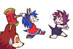  2022 animal_crossing anthro blue_body blue_clothing blue_dress bodily_fluids brown_body clothing dress eulipotyphlan fangs female footwear group guywiththepie hedgehog labelle_able mabel_able mammal nintendo piko_piko_hammer purple_body red_clothing red_dress red_footwear red_shoes running sable_able scared shirt shoes sibling simple_background sister sisters sweat sweatdrop topwear video_games white_background white_clothing white_shirt white_topwear 