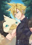  1boy aqua_eyes armor bandaged_arm bandages belt black_gloves blonde_hair blue_shirt blurry blurry_background chocobo cloud_strife final_fantasy final_fantasy_vii final_fantasy_vii_remake gloves hair_between_eyes looking_at_another male_focus multiple_belts nanashiro_1813 outdoors parted_lips petting shirt short_hair shoulder_armor sleeveless sleeveless_turtleneck smile spiked_hair suspenders toned toned_male turtleneck 