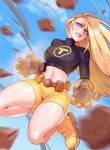  1girl belt blonde_hair blue_eyes breasts brown_gloves clenched_teeth dc_comics english_commentary gloves highres long_hair looking_at_viewer medium_breasts midriff navel qt0ri rock shirt shorts solo sweat teen_titans teeth terra_(dc) yellow_shorts 