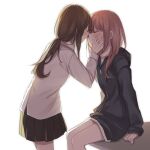 2girls blush brown_hair closed_eyes hand_on_another&#039;s_cheek hand_on_another&#039;s_face hood hoodie imminent_kiss inuko_(ink0425) long_hair low_ponytail miniskirt multiple_girls original profile red_hair shirt sitting skirt standing yuri 