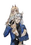  1boy 1girl barefoot black_gloves blonde_hair blue_coat blue_eyes carrying chainsaw_man coat couple crossover devil_may_cry_(series) feet gloves hhhhhhhhhhhhhhhhhhhhhhhhhhhh highres horns light_blush light_smile parody piggyback power_(chainsaw_man) red_eyes red_horns smile smirk v vergil_(devil_may_cry) white_background white_hair 