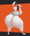  absurd_res big_butt butt clothing dot_eyes floppy_ears gun hi_res huge_butt huge_thighs hyper hyper_butt lagomorph leporid looking_at_viewer looking_back male mammal max_(sam_and_max) orange_background rabbit ranged_weapon rolled_up_sleeves sam_and_max schplingnops sharp_teeth shirt simple_background smile solo teeth thick_thighs topwear weapon wide_hips 