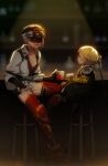  1boy 1girl :d armor backlighting bar_(place) bar_stool black_coat black_footwear black_gloves blonde_hair blurry blurry_background boots breasts chinese_commentary cleavage coat collarbone commentary_request corset covered_eyes cup drink drinking_glass elbow_gloves facing_another final_fantasy final_fantasy_xiv fingerless_gloves from_side full_body gloves goggles goggles_on_head greaves grey_eyes height_difference highres holding holding_cup hyur indoors jacket kneepits lalafell light_particles looking_at_another mask neck_tattoo open_mouth papalymo_totolymo pointy_ears profile shelf short_hair smile staff stool tattoo white_jacket wuliu_heihuo yda_hext 