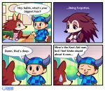  2022 animal_crossing anthro apron apron_only blue_clothing blue_hat blue_headwear blue_shirt blue_topwear bodily_fluids brown_body clothing comic english_text eulipotyphlan eye_contact female guywiththepie hat headgear headwear hedgehog hi_res human lidded_eyes looking_at_another male mammal mostly_nude nintendo sable_able sewing_machine shirt signature smile speech_bubble sweat sweatdrop text topwear video_games villager_(animal_crossing) 