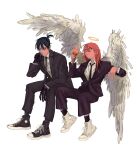  2boys angel_devil_(chainsaw_man) angel_wings black_gloves black_hair black_jacket black_necktie black_pants chainsaw_man cigarette collared_shirt food formal gloves hair_between_eyes halo hayakawa_aki highres holding holding_cigarette holding_ice_cream ice_cream invisible_chair jacket long_hair looking_to_the_side makosh_(nemakoshh) multiple_boys necktie pants red_hair shirt short_hair simple_background sitting smoking suit topknot white_background white_footwear white_shirt white_wings wings 