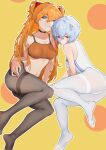  2girls absurdres arm_support ashui ayanami_rei black_choker black_pantyhose blue_eyes blue_hair bra breasts choker headgear highres interface_headset leotard light_blue_hair long_hair looking_at_viewer lying medium_breasts multiple_girls navel neon_genesis_evangelion on_side orange_bra orange_hair pantyhose polka_dot polka_dot_background reclining red_eyes short_hair smile souryuu_asuka_langley sports_bra twintails underwear white_leotard white_pantyhose 