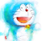  2017 anthro bell blue_body blue_fur collar domestic_cat doraemon doraemon_(character) felid feline felis front_view fur looking_at_viewer machine male mammal mt_tg open_mouth pouch_(anatomy) red_collar red_nose robot shaded simple_background solo standing tongue whiskers white_background white_body white_fur 