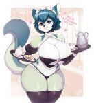  absurd_res anthro areola areola_slip big_breasts breasts clothing curvaceous curvy_figure domestic_cat fan_character felid feline felis female hi_res huge_breasts legwear lingerie looking_at_viewer maid_headdress mammal secretly_saucy serving solo text thick_thighs underwear voluptuous 