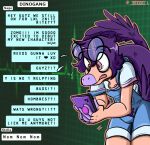  &lt;3 anthro clothed clothing dinosaur dromaeosaurid english_text eyewear feathered_tail feathers glasses goodbye_volcano_high hair hi_res male multicolored_body orange_body overalls phone purple_eyes purple_hair reptile sage_(gvh) scalie seven_(artist) snoot_game_(fan_game) solo text texting theropod two_tone_body velociraptor video_games 