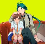  1boy 1girl age_difference bangs black_necktie blush breast_pocket brown_eyes brown_hair clodsire closed_eyes closed_mouth collared_shirt commentary_request couch crossed_legs florian_(pokemon) green_hair green_pants grey_shirt hat hat_removed headwear_removed highres kotone_ranmaru long_hair necktie onee-shota orange_necktie orange_shorts pants pocket pokemon pokemon_(game) pokemon_sv ponytail rika_(pokemon) shirt short_hair short_sleeves shorts sitting smile socks suspenders 