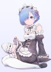  1girl apron black_dress black_footwear blue_eyes blue_hair breasts closed_mouth detached_sleeves dress frilled_dress frills hair_ornament hair_over_one_eye hair_ribbon highres looking_at_viewer medium_breasts re:zero_kara_hajimeru_isekai_seikatsu rem_(re:zero) ribbon roswaal_mansion_maid_uniform short_hair simple_background sitting solo thighhighs tomamatto white_apron white_thighhighs x_hair_ornament 