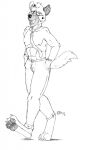  2018 aggressive_retsuko anthro barefoot belt bottomwear claws clothing fangs feet fur haida half-closed_eyes hand_in_pocket hands_in_both_pockets hi_res hyaenid inner_ear_fluff jimfoxx looking_at_viewer male mammal narrowed_eyes necktie nipples open_mouth pants paws pockets raised_tail sanrio shirtless shirtless_anthro shirtless_male signature smile smiling_at_viewer solo spots spotted_body spotted_fur toe_claws tongue tuft walking 