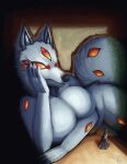 2022 absurd_res anthro big_breasts breasts canid canine demon digital_media_(artwork) female fox fox_devil_(chainsaw_man) fur hi_res inside lennoxicon looking_down lying macro mammal monster multi_eye nude on_side simple_background solo 