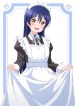  1girl absurdres alternate_costume apron bangs black_dress blue_hair blush dress enmaided frilled_apron frilled_dress frills haruharo_(haruharo_7315) highres long_hair long_sleeves looking_at_viewer love_live! love_live!_school_idol_project maid maid_apron maid_headdress ribbon simple_background skirt skirt_hold smile solo sonoda_umi standing swept_bangs white_apron white_background yellow_eyes 