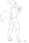  2018 aggressive_retsuko anthro barefoot bottomwear cellphone clothed clothing ears_back feet female fenneko fur half-closed_eyes hi_res holding_cellphone holding_object holding_phone jimfoxx looking_at_viewer looking_back mouth_closed narrowed_eyes phone pivoted_ears raised_tail rear_view sanrio shirt signature skirt smile smiling_at_viewer solo standing tiptoes topwear 