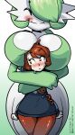  anthro arezu_(pokemon) big_breasts blush bodily_fluids breasts clothing duo embrace eyes_closed female gardevoir generation_3_pokemon green_body hair hi_res hug hugging_from_behind human legwear mammal multicolored_body nintendo pantyhose pokemon pokemon_(species) red_eyes red_hair simple_background size_difference smile sweat tail-blazer video_games white_body 