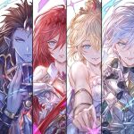  2boys 2girls armor bangs black_hair blonde_hair blue_eyes bracelet breasts cleavage closed_mouth crown detached_collar dress europa_(granblue_fantasy) gauntlets godsworn_alexiel granblue_fantasy grimnir highres jewelry long_hair multiple_boys multiple_girls muramitsu_(d3jgv) pointy_ears purple_hair red_hair serious shiva_(granblue_fantasy) short_hair smile upper_body 