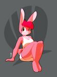  2022 anthro bottomwear breasts buckteeth clothing digital_media_(artwork) female hair hi_res lacey_(senshell) lagomorph leporid mammal pink_body rabbit red_hair senshellshark simple_background sitting smile solo teeth topwear white_bottomwear white_clothing white_topwear yellow_eyes 