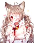  1girl :3 :q absurdres ahoge animal_ears bad_id bad_pixiv_id breasts brown_hair cat_ears cleavage detached_collar detached_sleeves dress eyepatch food fruit heart heart_ahoge highres holding holding_food holding_fruit large_breasts looking_at_viewer medical_eyepatch nare_(17_junana) original pink_nails red_eyes simple_background solo tongue tongue_out twintails upper_body whiskers white_background white_dress 