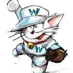  1:1 2018 anthro baseball_cap baseball_glove baseball_uniform bell belt clothed clothing collar domestic_cat dorabase doraemon felid feline felis front_view fur hat headgear headwear machine male mammal mt_tg one_eye_closed open_mouth red_collar red_nose robot shaded shiroemon simple_background solo sportswear tongue uniform whiskers white_background white_body white_fur 