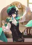  1boy alcohol alternate_costume aqua_eyes aqua_hair arm_up ascot bangs bar_(place) bartender beret black_hair black_vest blurry blurry_background blush bottle braid buttons cape champagne champagne_flute commentary_request counter cup drinking_glass flower frilled_sleeves frills genshin_impact gradient_hair green_cape green_headwear hair_between_eyes hair_flower hair_ornament hand_up hat holding holding_cup indoors light_particles long_sleeves looking_at_viewer male_focus multicolored_hair one_eye_closed open_mouth puffy_sleeves shelf shirt short_hair_with_long_locks side_braids sidelocks smile solo swept_bangs twin_braids upper_body venti_(genshin_impact) vest white_ascot white_flower white_shirt window yunifengxia 