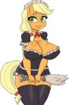  2019 anthro anthrofied applejack_(mlp) big_breasts black_clothing black_legwear black_stockings blonde_hair breasts cleaning_tool cleavage cleavage_overflow clothed clothing collar covering covering_crotch digital_drawing_(artwork) digital_media_(artwork) earth_pony equid equine eyelashes feather_duster female freckles friendship_is_magic green_eyes hair hasbro hi_res holding_cleaning_tool holding_feather_duster holding_object horse legwear looking_at_viewer maid_headdress maid_uniform mammal my_little_pony navel_outline nipple_outline orange_body pony simple_background skimpy smile solo stockings tiroil uniform white_background yellow_tail 