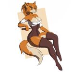  1:1 absurd_res battocks breasts brown_clothing butt canid canine clothing ears_up female fingers fox ginger hi_res legwear mammal mommylemon rufous smile solo stockings white_clothing 