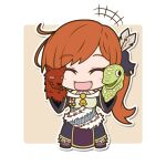  1girl bell blush chibi closed_eyes feather_hair_ornament feathers hair_ornament hand_puppet nina-san_no_mahou_seikatsu nina_(nina-san_no_mahou_seikatsu) open_mouth orange_hair puppet simple_background smile solo yama_minami 