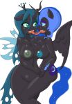  2020 anthro anthrofied areola armor arthropod asymmetrical_breast_frottage big_breasts black_body blue_eyes blue_hair blue_sclera blue_tail breast_squish breasts breasts_frottage changeling crown digital_drawing_(artwork) digital_media_(artwork) duo equid equine eye_contact eyelashes eyeshadow fangs female female/female french_kissing friendship_is_magic frottage green_areola green_eyes green_eyeshadow green_nipples green_sclera hair hasbro headgear helmet hi_res horn kissing looking_at_another makeup mammal my_little_pony nightmare_moon_(mlp) nipples nude nude_anthro purple_eyeshadow queen_chrysalis_(mlp) sex simple_background squish teal_areola teal_nipples tiroil tongue tongue_out white_background winged_unicorn wings 