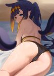  1girl ass back beach_towel bikini black_bikini black_hair blue_eyes commentary from_behind highres hololive hololive_english long_hair looking_at_viewer looking_back ninomae_ina&#039;nis pointy_ears ponytail s.w solo swimsuit symbol-only_commentary tentacle_hair tentacles towel virtual_youtuber wet 