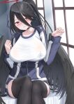  1girl black_choker black_hair black_thighhighs blue_archive blush breasts choker closed_mouth collarbone commentary_request feet_out_of_frame hair_between_eyes halo hands_up hasumi_(blue_archive) hasumi_(gym_uniform)_(blue_archive) highres large_breasts long_hair long_sleeves looking_at_viewer low_wings mole mole_under_eye ponytail red_eyes shirt shougun_(chuckni1) sitting solo thighhighs white_shirt wings 