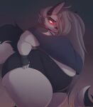  2022 anthro artist_name big_breasts bottomwear breasts canid canid_demon clothed clothing crop_top curvy_figure dated demon ear_piercing female fingers fur glowing glowing_eyes grey_body grey_fur grey_hair hair hair_over_eye hellhound helluva_boss hi_res huge_thighs inner_ear_fluff javanshir long_hair looking_at_viewer loona_(helluva_boss) mammal mature_female multicolored_body multicolored_fur obese obese_anthro obese_female one_eye_obstructed overweight overweight_anthro overweight_female piercing portrait pupils red_sclera shirt shorts side_view slit_pupils solo thick_thighs three-quarter_portrait topwear tuft two_tone_body two_tone_fur voluptuous white_body white_fur 