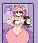  amy_rose anthro bed big_breasts big_butt breasts butt cellphone clothing collar covering covering_breasts eulipotyphlan eyeliner female furniture genitals gloves goth hair half-closed_eyes handwear hedgehog hi_res holding_object inside makeup mammal mouth_closed narrowed_eyes nude phone pink_body pink_hair poster pussy sega selfie smartphone smile solo sonic_the_hedgehog_(series) spiked_collar spikes standing sugarkitty19 thick_thighs wide_hips 