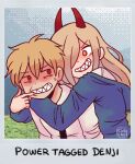  1boy 1girl black_necktie blonde_hair blue_hoodie chainsaw_man collared_shirt denji_(chainsaw_man) finger_in_another&#039;s_mouth hair_over_one_eye hood hoodie horns hug hug_from_behind long_hair looking_at_another lowres necktie omori osulan parody photo_(object) power_(chainsaw_man) red_eyes red_horns shaded_face sharp_teeth shirt short_hair smile style_parody teeth white_shirt yellow_eyes 