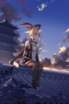 1girl absurdres animal_ears architecture avatar_(ff14) black_gloves blue_eyes braid closed_mouth cloud cloudy_sky east_asian_architecture fake_animal_ears final_fantasy final_fantasy_xiv gloves heterochromia highres jl_tan leotard miqo&#039;te outdoors rabbit_ears red_eyes rooftop shoes sitting sitting_on_roof sky solo thighhighs 