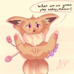  absurd_res blush eevee egg_vibrator english_text female feral generation_1_pokemon genitals hi_res lolienpijama looking_at_viewer nintendo open_mouth pokemon pokemon_(species) pussy sex_toy solo spread_legs spreading text vibrator video_games 