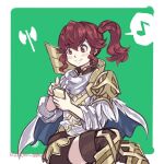  1girl 250en_remon anna_(fire_emblem) armor bangs blush boots border brown_footwear brown_shorts cape cellphone closed_mouth commentary_request fire_emblem fire_emblem_heroes green_background hair_between_eyes holding holding_phone long_hair musical_note outside_border phone red_eyes red_hair shorts shoulder_armor side_ponytail sidelocks simple_background sitting smile solo twitter_username white_border white_cape 