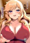  1girl blonde_hair blush breasts cleavage collarbone commentary_request covered_nipples dress fingernails highres idolmaster idolmaster_cinderella_girls large_breasts lingerie looking_at_viewer nail_polish negligee ohtsuki_yui red_dress smile solo translation_request underwear ushizara 
